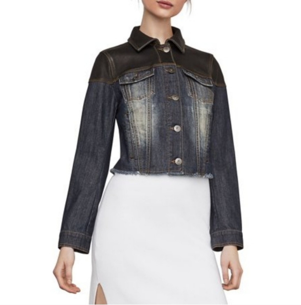 BCBGMaxAzria Maya Denim Blue Jean Jacket Black Lamb Leather Metal Womens Size XS